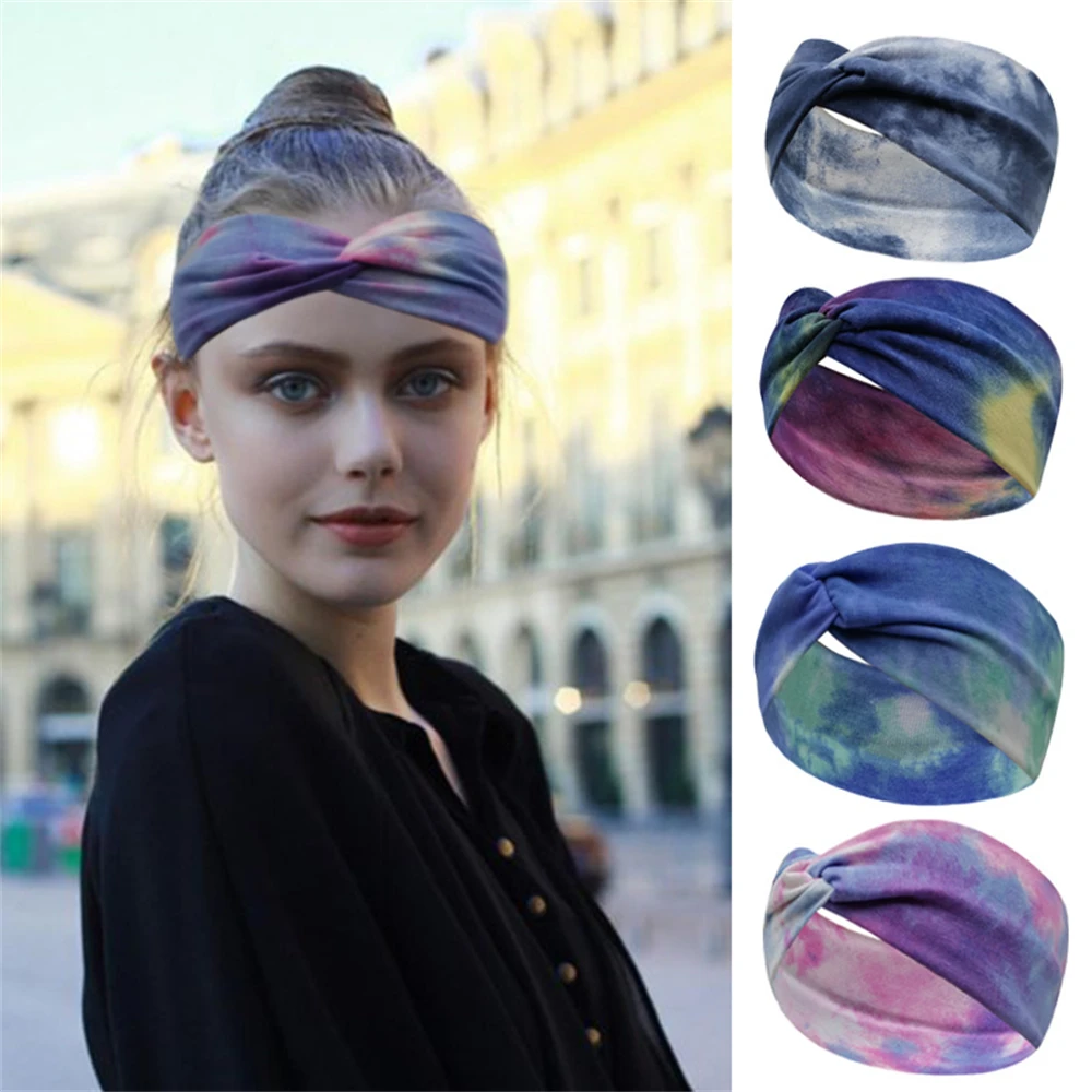 

Trendy Tie Dye Wide Cross Headbands Vintage Turban Headwrap Girls Hair Bands Accessories For Women Elastic Bandanas Headscarf