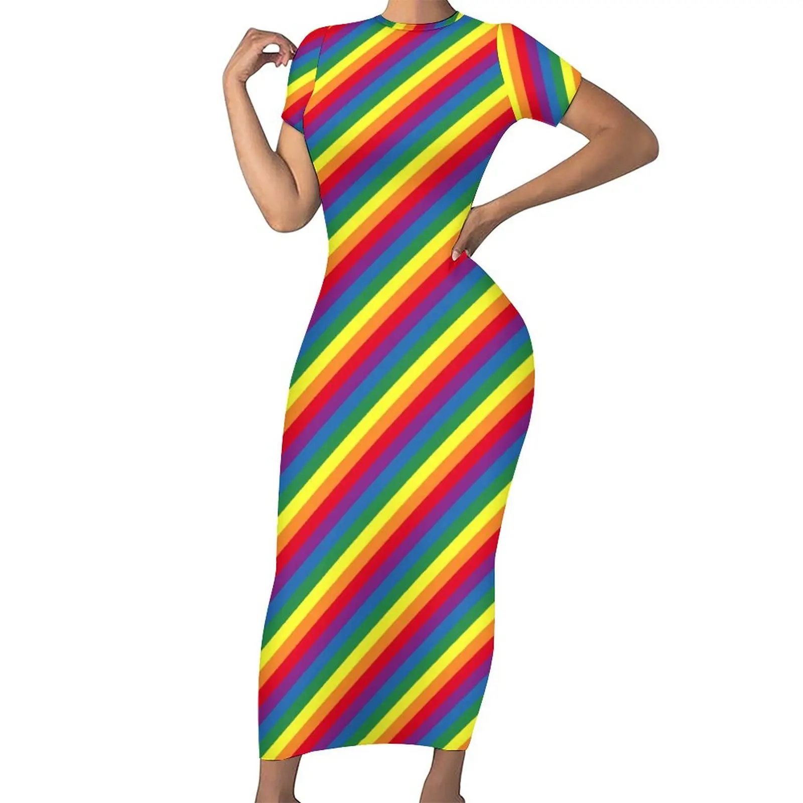 

Облегающее платье в диагональную радужную полоску, весенние платья-Макси для ночного клуба с красочным принтом, женское уличное модное платье с коротким рукавом