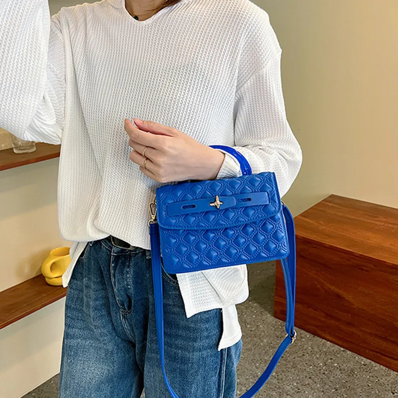 

Ladies PU Leather High Quality Brand Simple Lock Design Shoulder Bag Fashion Rhombus Handbag Casual Versatile Crossbody Bag