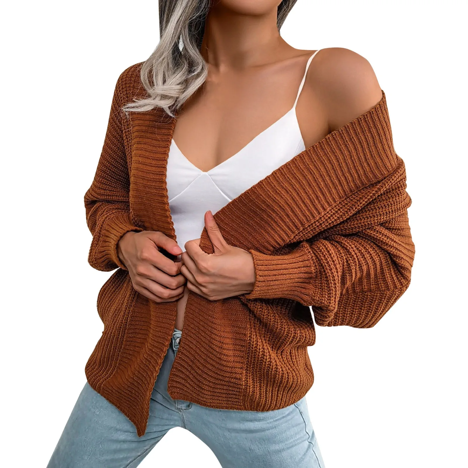 

Solid Color Womens Cardigan Casual Long Sleeve Cable Knit Open Front Loose Chunky Sweater Korean Fashion Coat Outerwear 4