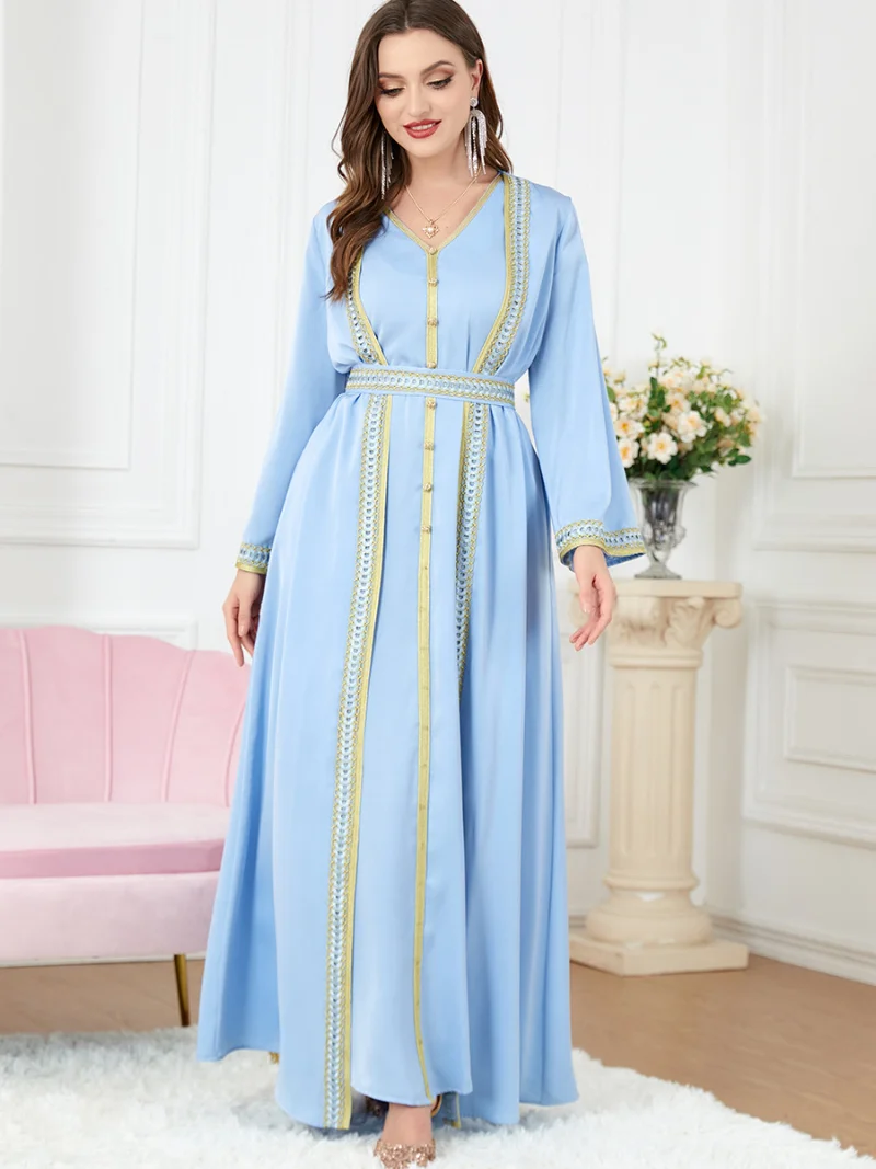 Muslim Set 2 Piece for Women Party Embroidery Trim Long Dress Ramadan Eid Belted Moroccan Kaftan Islam Dubai Satin Abaya Outfits