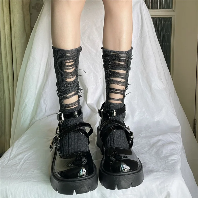 

Ins Knitted Socks Gothic Mid-tube Ripped Mid Tube Socks Hand Cut Pile Pile Socks Girls Women Punk Harajuku Clothing Accessories