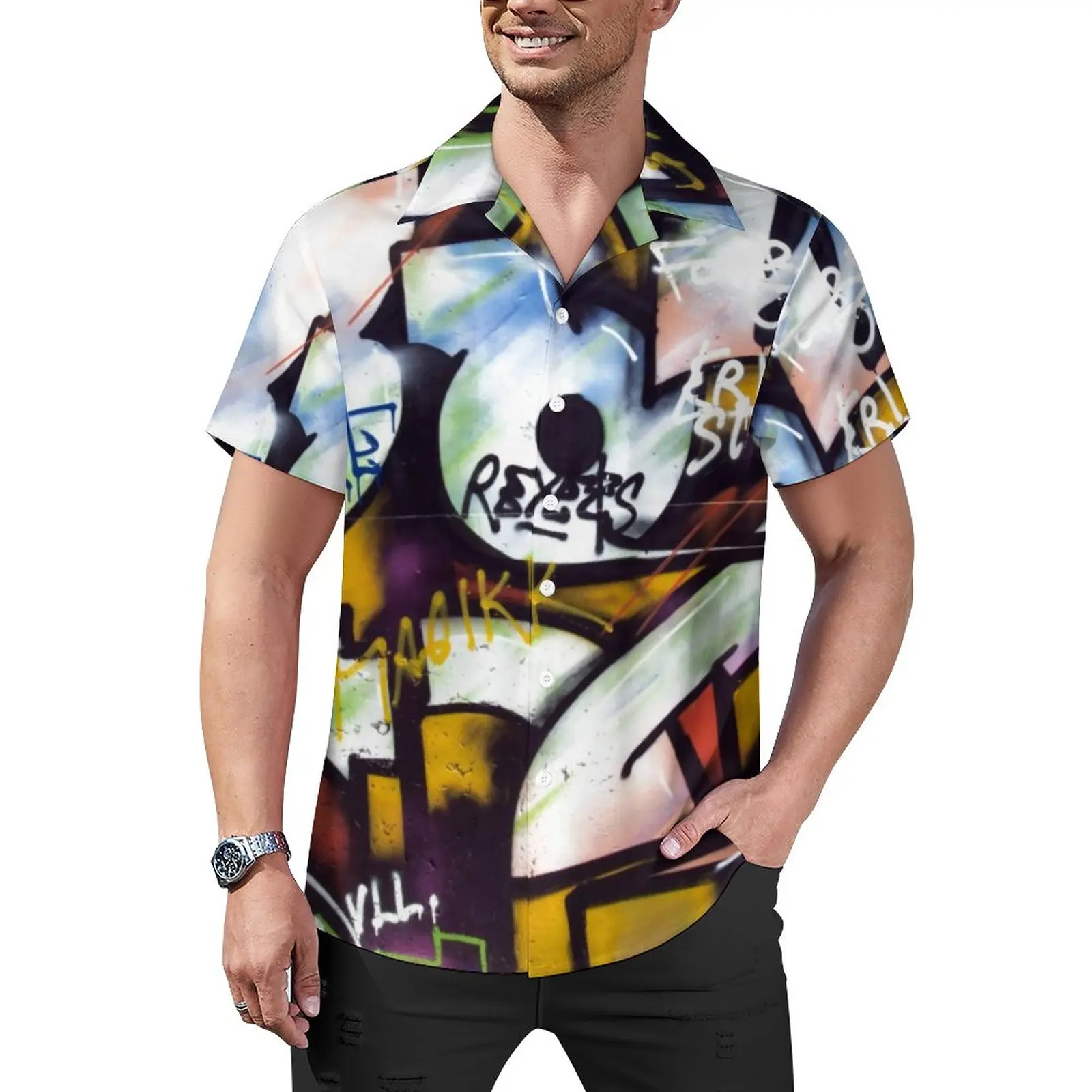 

Word Art Print Casual Shirts Colorful Graffiti Beach Shirt Summer Y2K Blouses Men Print Plus Size
