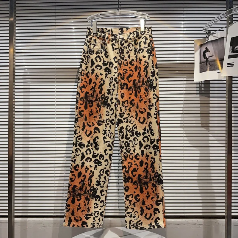 

PREPOMP 2023 Autumn New Collection Yellow Leopard Slim Cotton Jeans Women Denim Long Pants GK986
