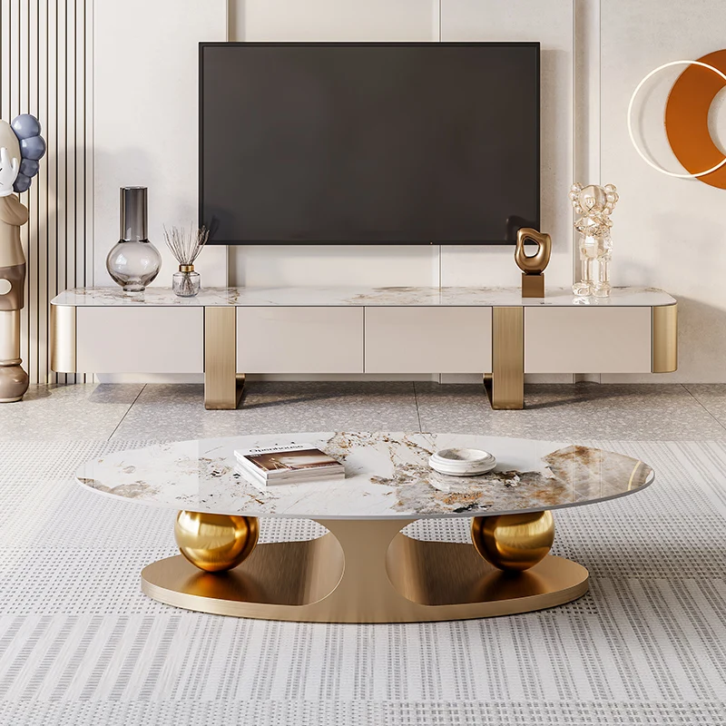 

Italian slate tea table TV cabinet combination light luxury modern simple oval high artistic sense small apartment big