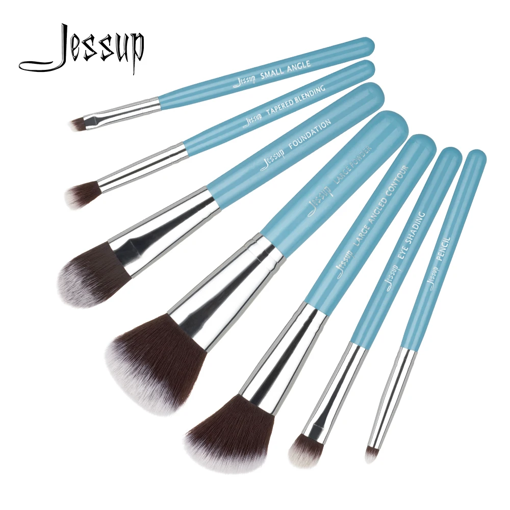 

Jessup Blending Foundation Powder Contour Eyeshader Cosmetics Brushes 7pcs Makeup Brushes Set Blue/Silver Wooden Handle T072