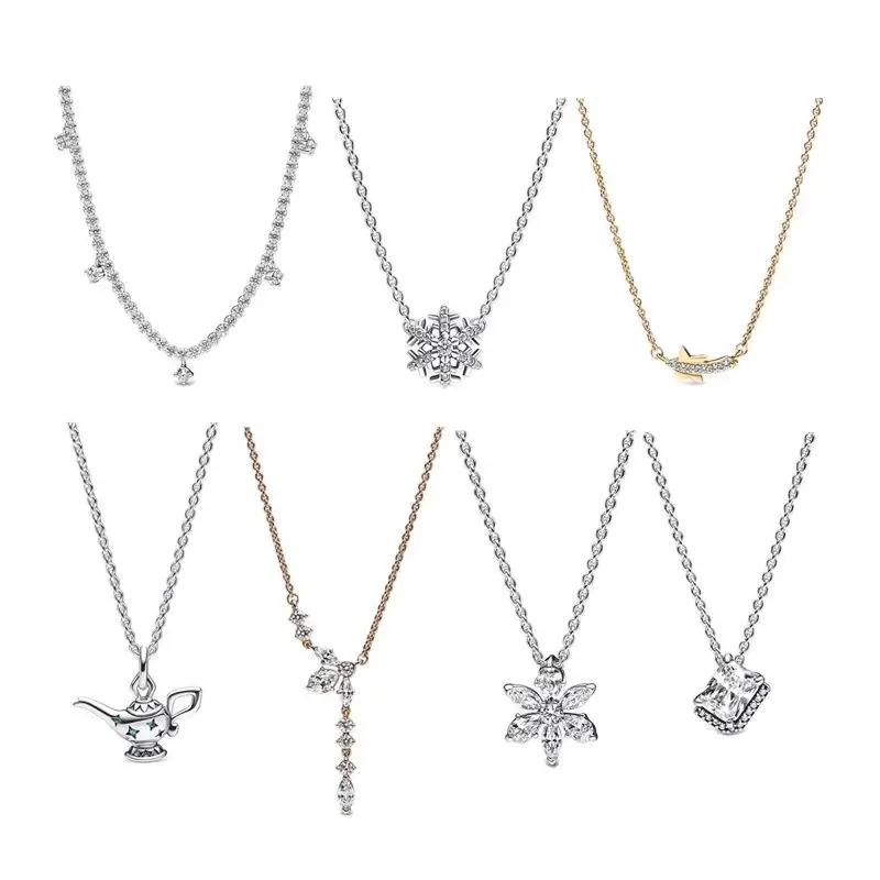 

Snowflake Shooting Star 925 Sterling Silver Pendant Necklace For Women Sparkling Halo Herbarium Cluster Drop Fine Gift Jewelry
