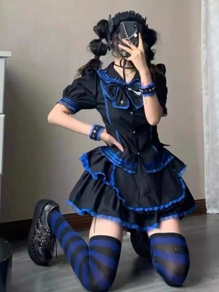 

Японский тёмный Готический комплект из двух предметов с юбкой, Женская милая рубашка с бантом и мини-юбка с оборками, косплей-наряды для дев...