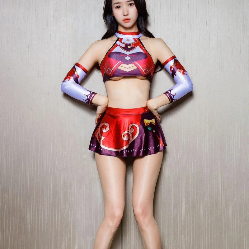 

Игра Genshin Impact Yanfei сексуальный косплей комплект нижнего белья водолазка с 3D принтом для девочек топы с открытыми плечами кроп-топ с юбкой