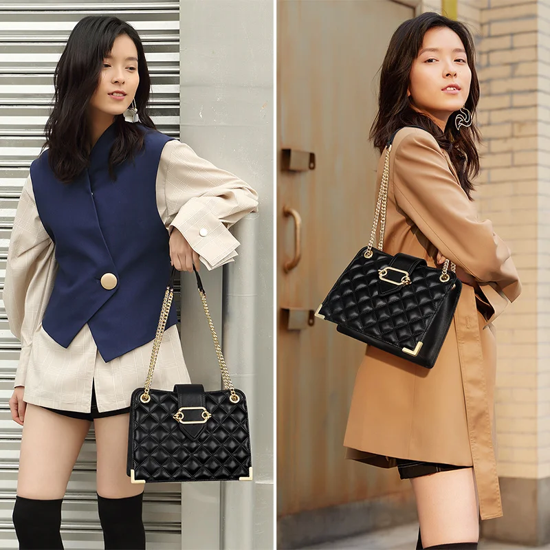 FOXER женская кожаная стеганая сумка на плечо черная классическая цепочке для