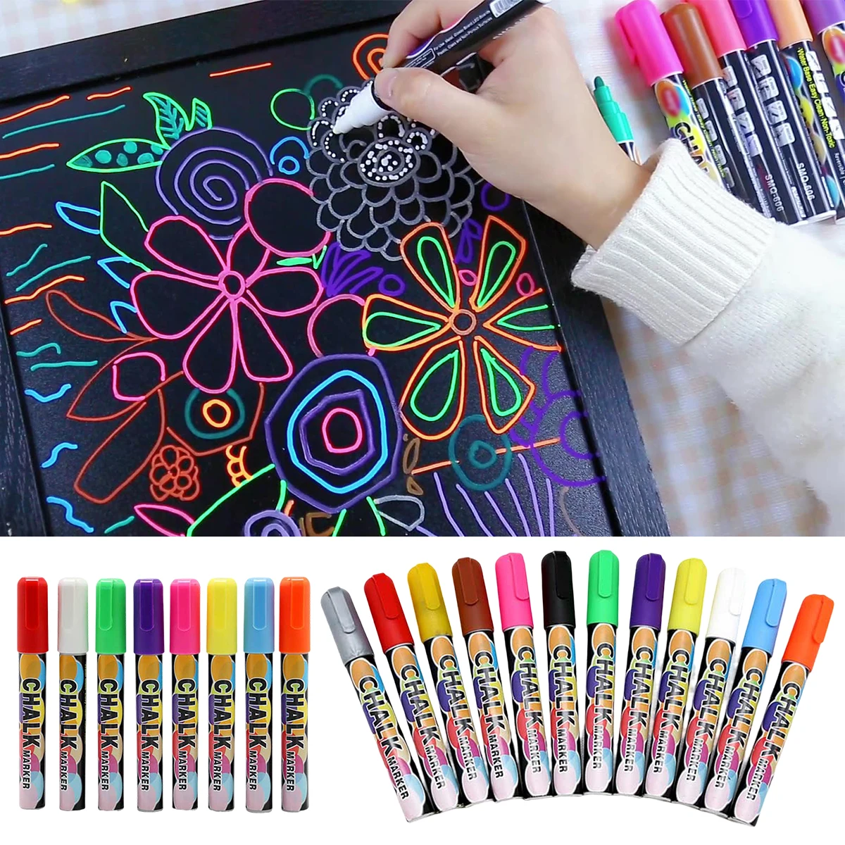 

Новинка, маркеры 8/12 жидкий мел, Меловые маркеры для доски, окон, стираемые Меловые маркеры с двусторонними наконечниками, цветные карандаши