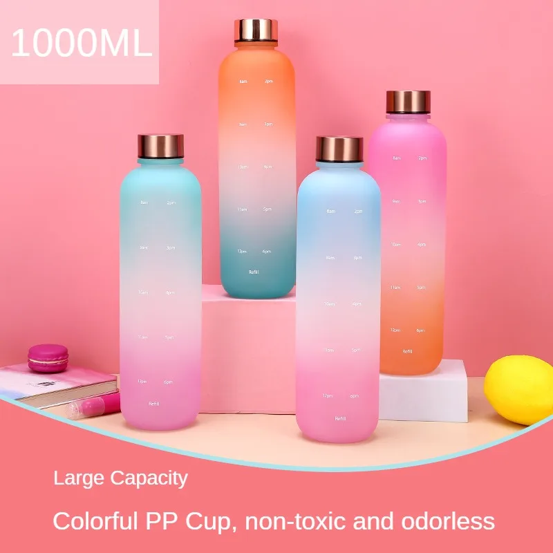 

1000ml gradient color space cup large volume matte water bottle stainless steel cover plastic cup outdoor sports water bottle