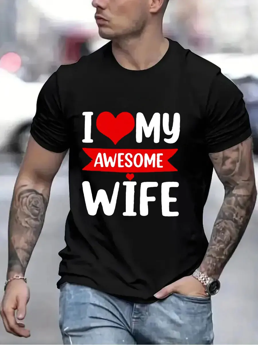 

Мужская дышащая футболка с коротким рукавом, модная футболка с принтом «Я люблю мою жену» и красным сердцем, летняя повседневная мужская одежда