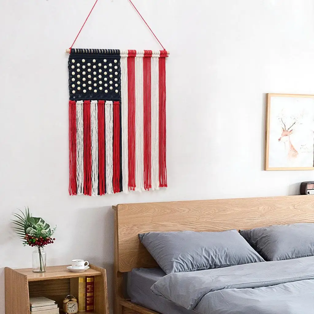 

Macrame Cotton Handwoven Tapestry Creative Tassel US Flag Tapestries Wall Hanging for Living Room Dorm Patriotic Decor Bedroom