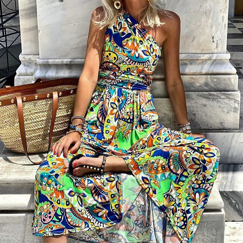 

Women Cottagecore Dress Women's 2021 Spring and Autumn Sexy Printed Diagonal Sleeves Bohemian Beach Style Long Dress for Women