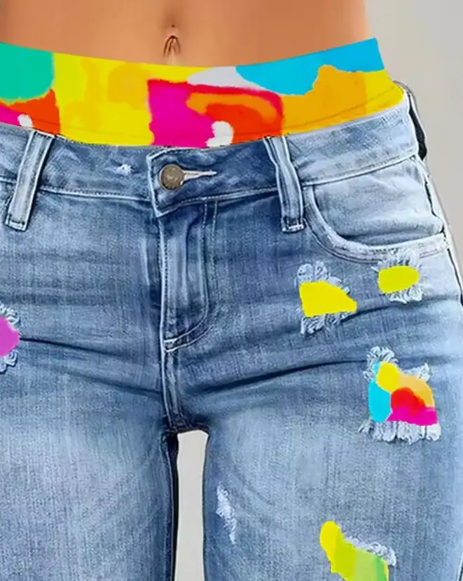 Women Fashion Tie Dye Print Ripped High Waist Denim Shorts European & American Women's Skinny Jeans Shorts