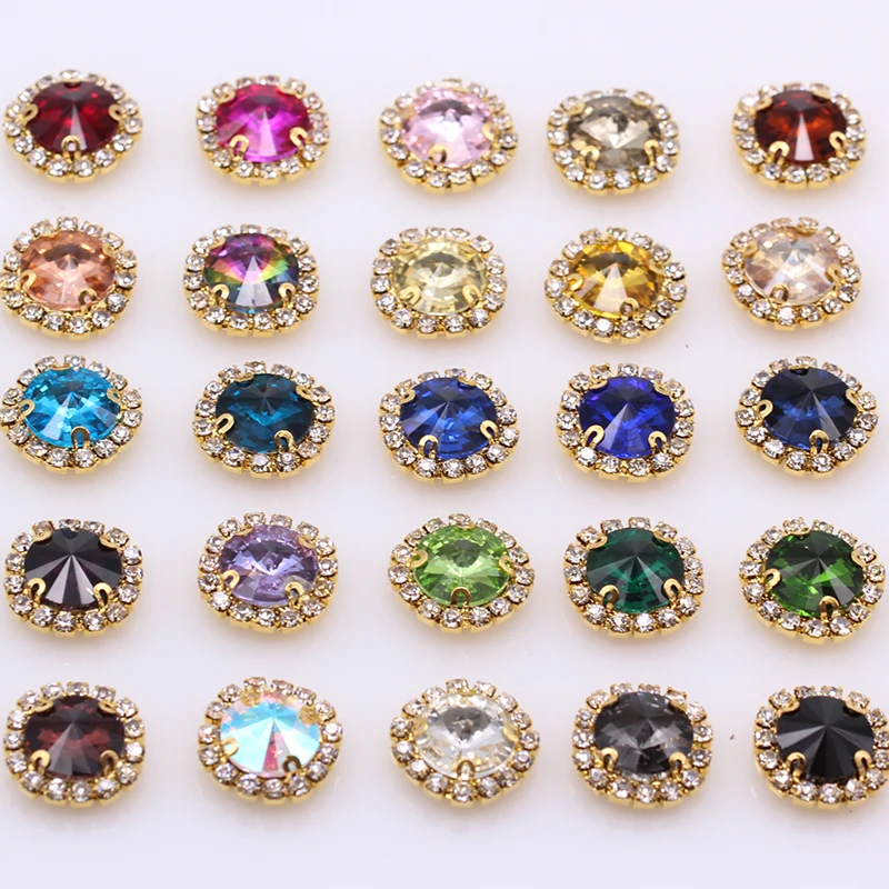 

24 Colors 12/18mm Rivoli round sew on crystal rhinestones glass beads claw chain gold setting fancy stone sewing Embellishment