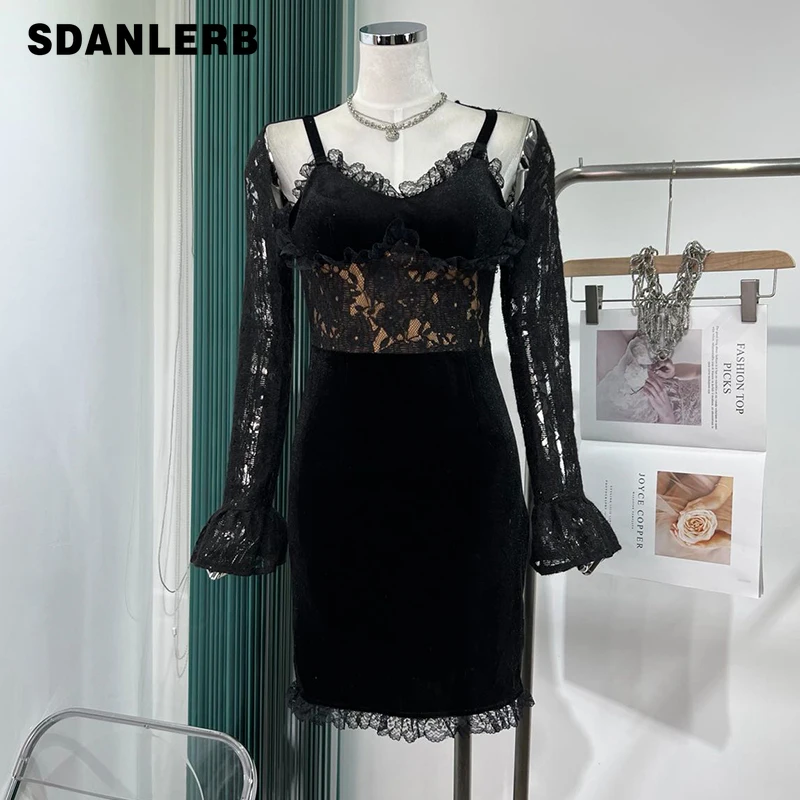 

2022 Spring New Retro Elegant Velvet Sheath Sexy Dress Women's Long Sleeve Evening Clothing Lace Tube Lace Mid-length Dresses
