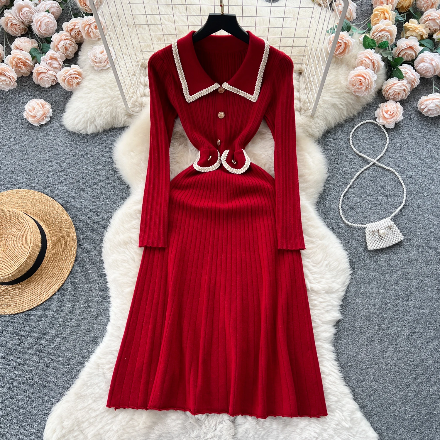

Clothland Women Stylish Knitting Dress Turn Down Collar Long Sleeve Stretchy Slim Fit One Piece Midi Dresses Vestido QC944