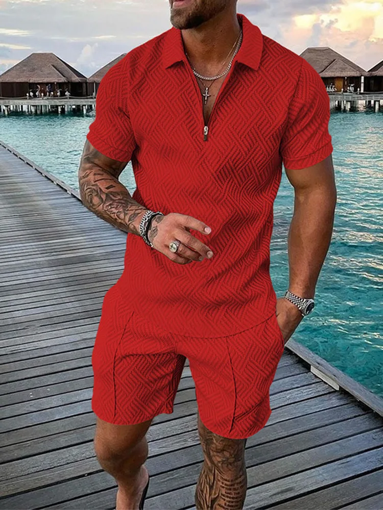 Men's POLO suit fashion men's suit red V-neck zipper short sleeve Polo shirt+shorts two-piece suit 2023 men's casual suit S-5XL