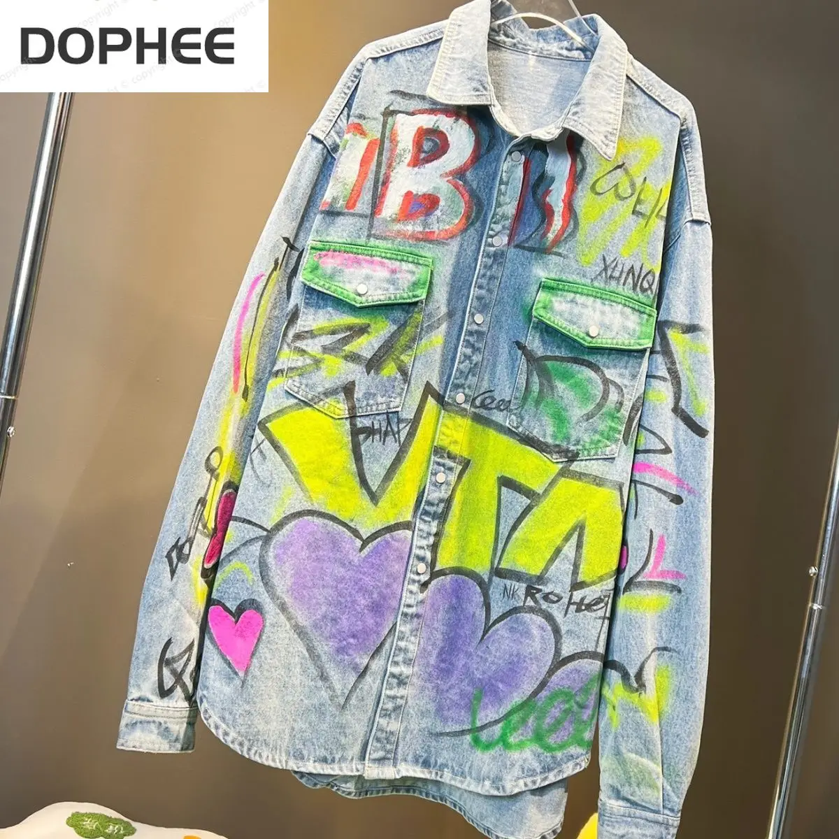 2022 New Fashion Autumn Women Clothes Hand Drawn Doodle Denim Jacket Loose Mid-length Long-sleeved Casual Streetwear Jean Coat