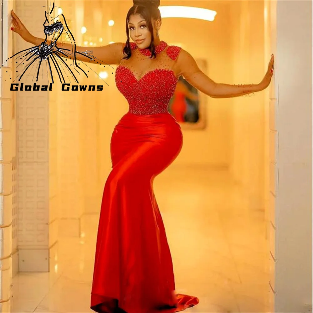 

Major Beads Red Prom Dresses High Neck Sheer Neck Sexy Mermaid Evening Dress Long Train Aso Ebi Formal Birthday Vestidos