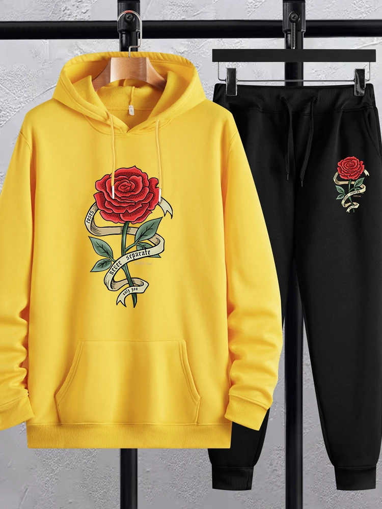 

Женский комплект из двух предметов, повседневный флисовый теплый свитшот с рисунком красных роз и флисовые брюки с карманами