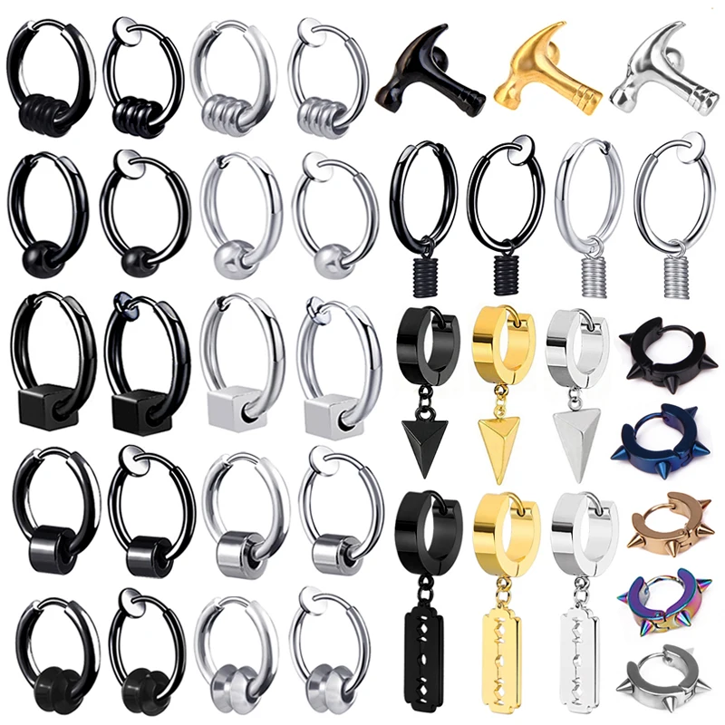

Unisex Titanium Stainless Steel Small Hoop Earrings Black Hammer HipHop Man Wholesale Punk Cube Geometry Round Beads Screw