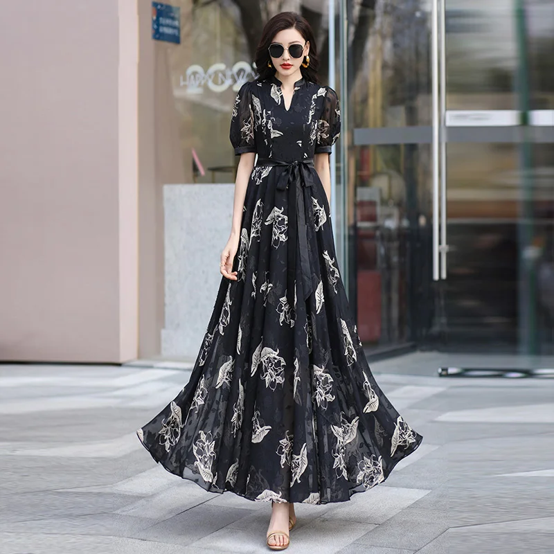 

Женское жаккардовое платье, Элегантное длинное черное платье с коротким рукавом, V-образным вырезом и шнуровкой, лето 2019