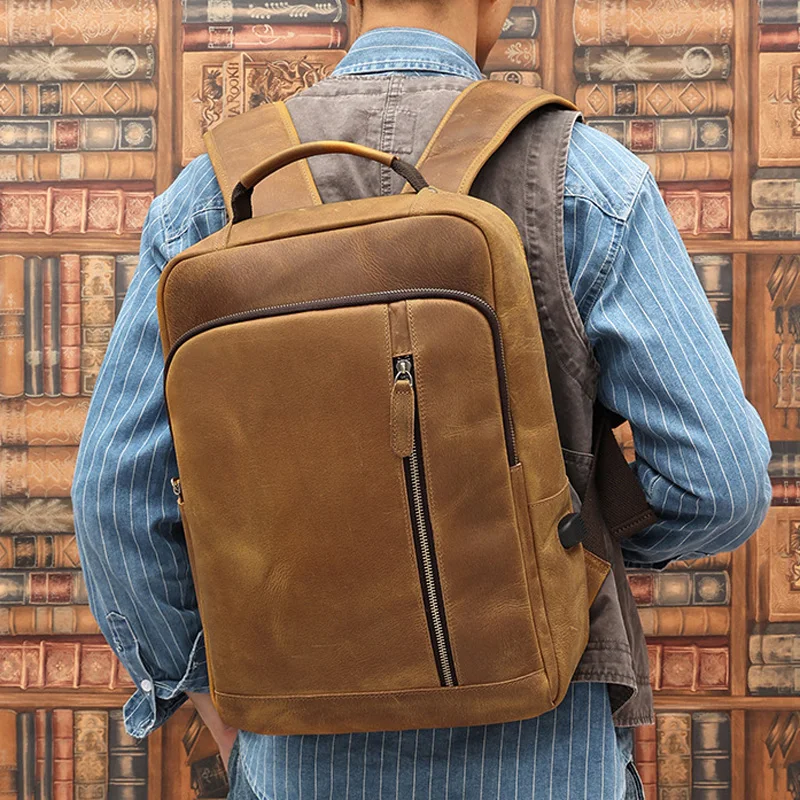 

New leather backpack men's 15.6 "retro computer bag crazy horse leather large capacity travel backpack men
