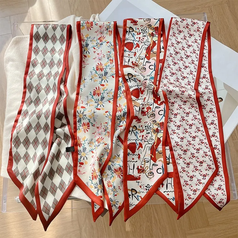 

Headband Classic Neck Scarf Ins Long Scarf Flower Printed Scarf Stripe Hair Bands Satin Silk Scarves Women Hair Ribbon