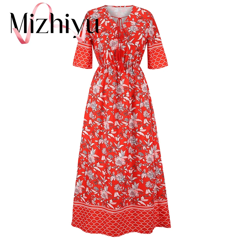 

Mizhiyu2022 весенне-летнее женское модное элегантное платье средней длины в стиле ретро с V-образным вырезом и короткими рукавами и эластичным по...