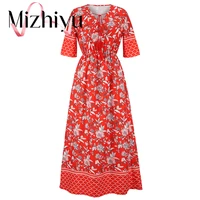 mizhiyu2022 spring and summer womens fashion elegant retro floral v neck short sleeved tie waist elastic mid length dress