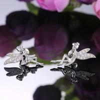 new cute silver plated ballet dancer wings stud earrings for women shine cz stone inlay fashion jewelry evening party girl gift