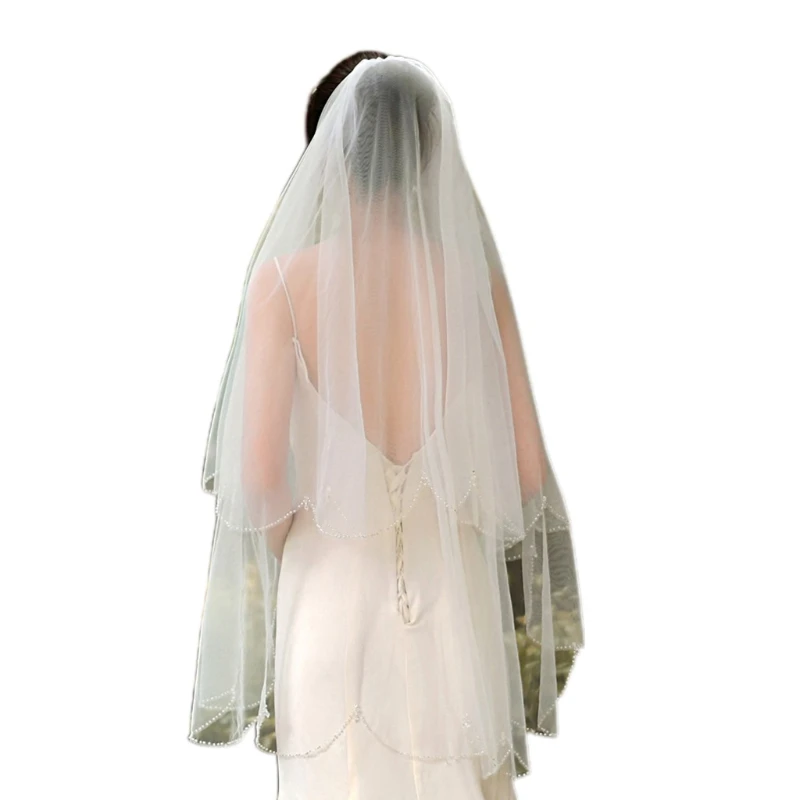 

X7YC Wedding Bridal Veil with Metal Comb Teeth Wedding Hair Accessories for Brides 2 Tier Tulle 40" with Glitter Beads Edge