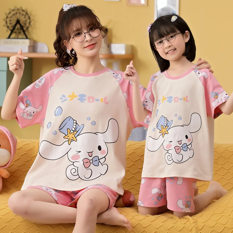 

Kawaii Sanrio ночная рубашка Cinnamoroll Новая летняя домашняя Милая мультяшная одежда для родителей и детей Пикачу для девочек мультяшный пижамный комплект
