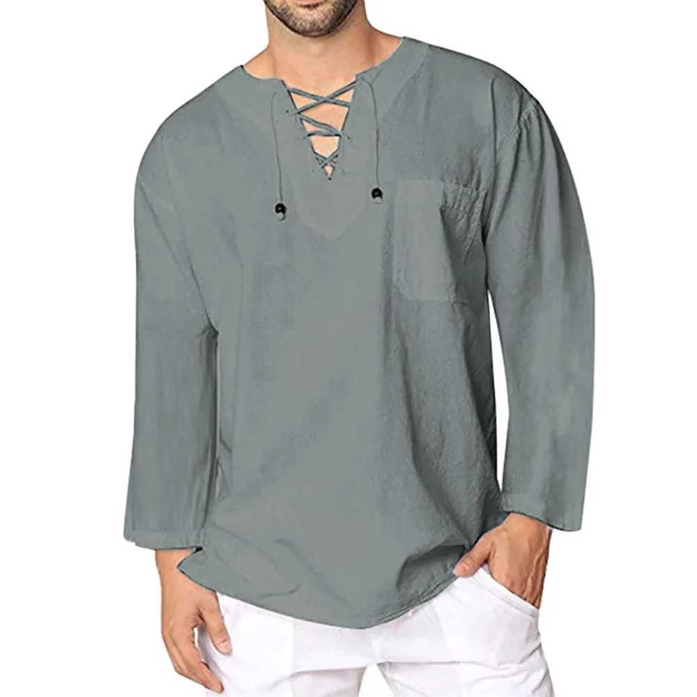 New Solid Color Cotton Linen Men's Shirts New Long Sleeves Casual Lace Up Shirts Men Lightweight Breathable Top Shirts