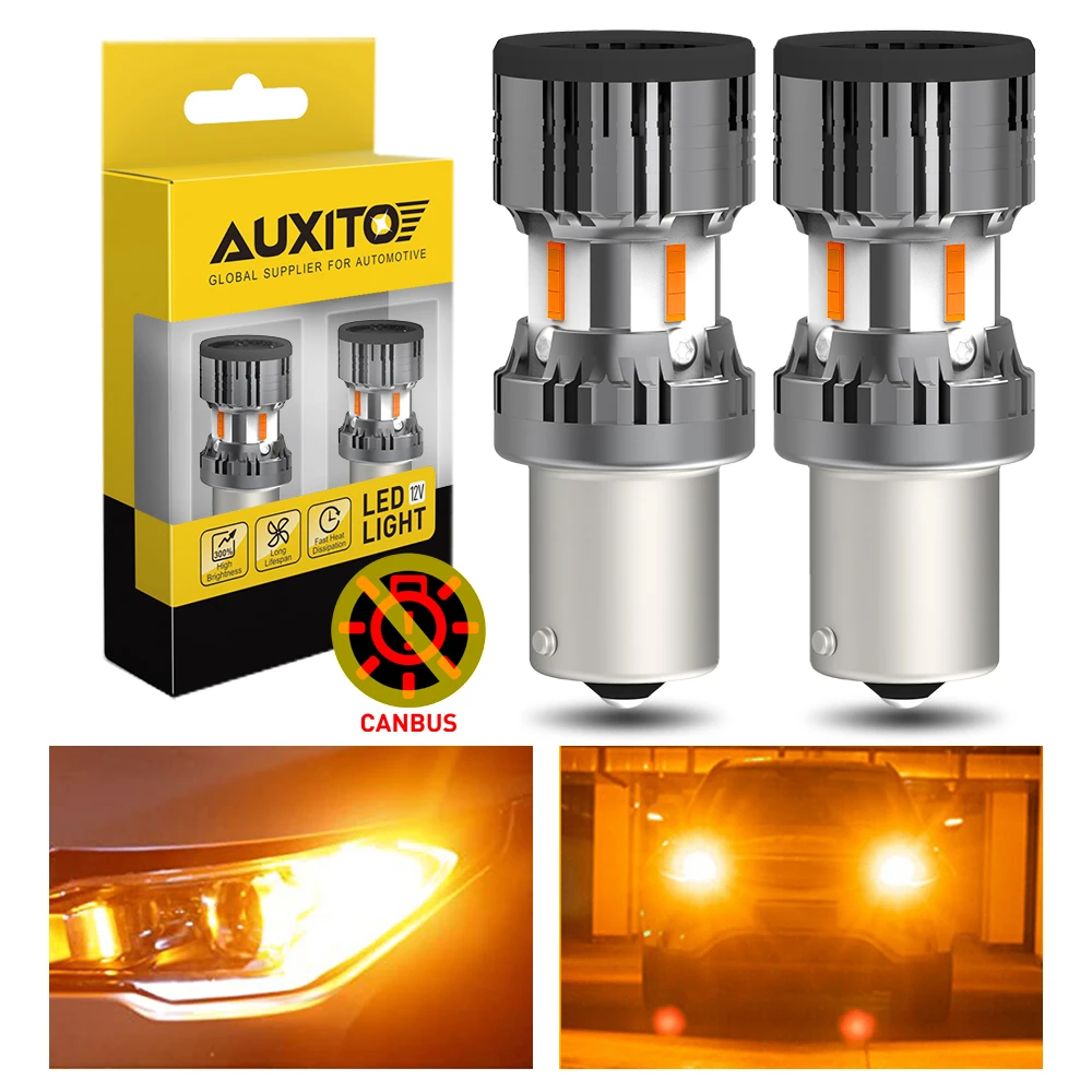 Светодиодная индикаторная лампа AUXITO S25 1156, 2 шт., без ошибок, без Hyperflash, P21w Ba15s Py21w Bau15s, светодиодсветодиодный лампа Canbus, желтая, для автомобильного поворотника