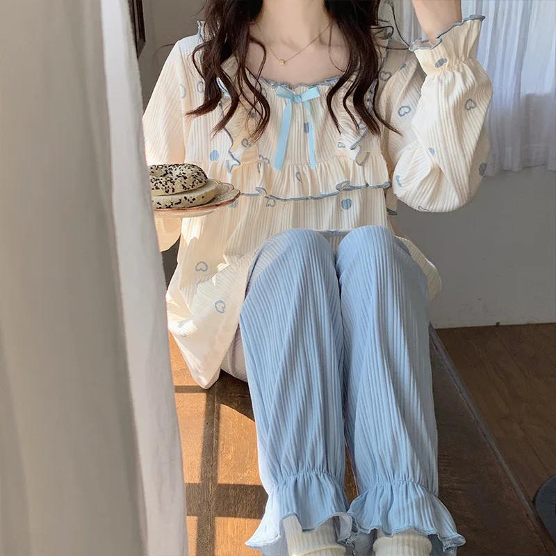Yasuk Spring Autuum Fashion Women's Casual Sleepwear Homewear Lovely Sweet Girl Pajamas With Pants Soft Plaid Simple Heart Bow