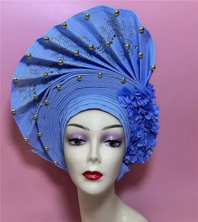 

NEW2023 gele headtie already made african wraps for women turban femme gelee nigerian aso oke bonnet femme beads headtie1set