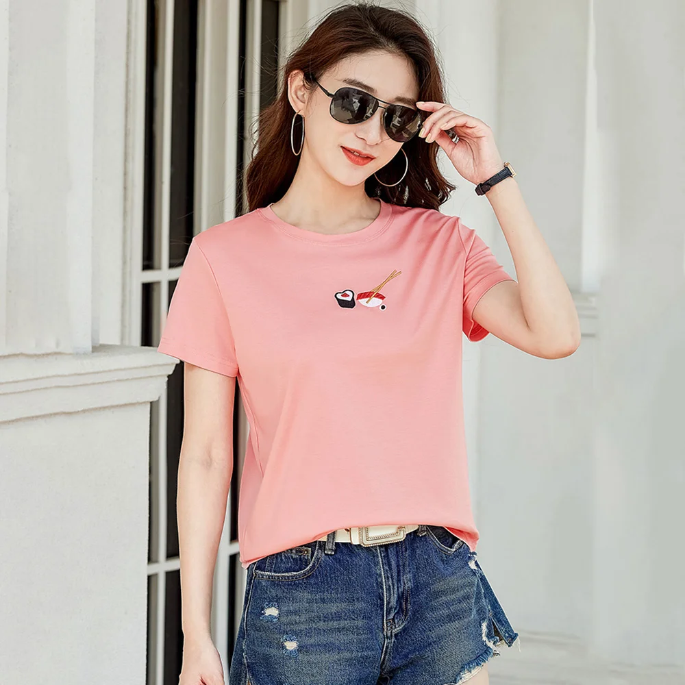 

Футболка женская из мерсеризированного хлопка, модный топ с круглым вырезом и коротким рукавом, свободного покроя, с вышивкой, милая простота, розовый цвет, на лето