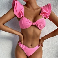 in stock two pieces bikini swimming suit solid color ruffle twist front adjustable strap