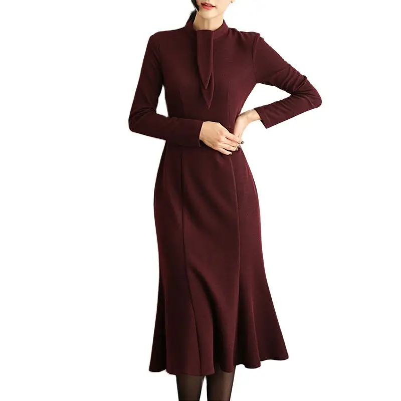 

2021 Autumn/Winter Temperament Commute Waist High Quality Women's Dress Elegant Fashion Office Navy Collar Dress