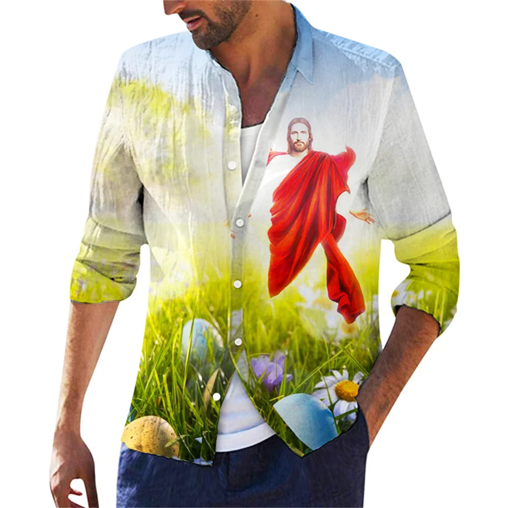 

Fashion Jesus Print Easter Men's Shirts Cool 3d Digital Printing Tops 2022 Autumn New Casual Long Sleeve Turndown Collar Clothes
