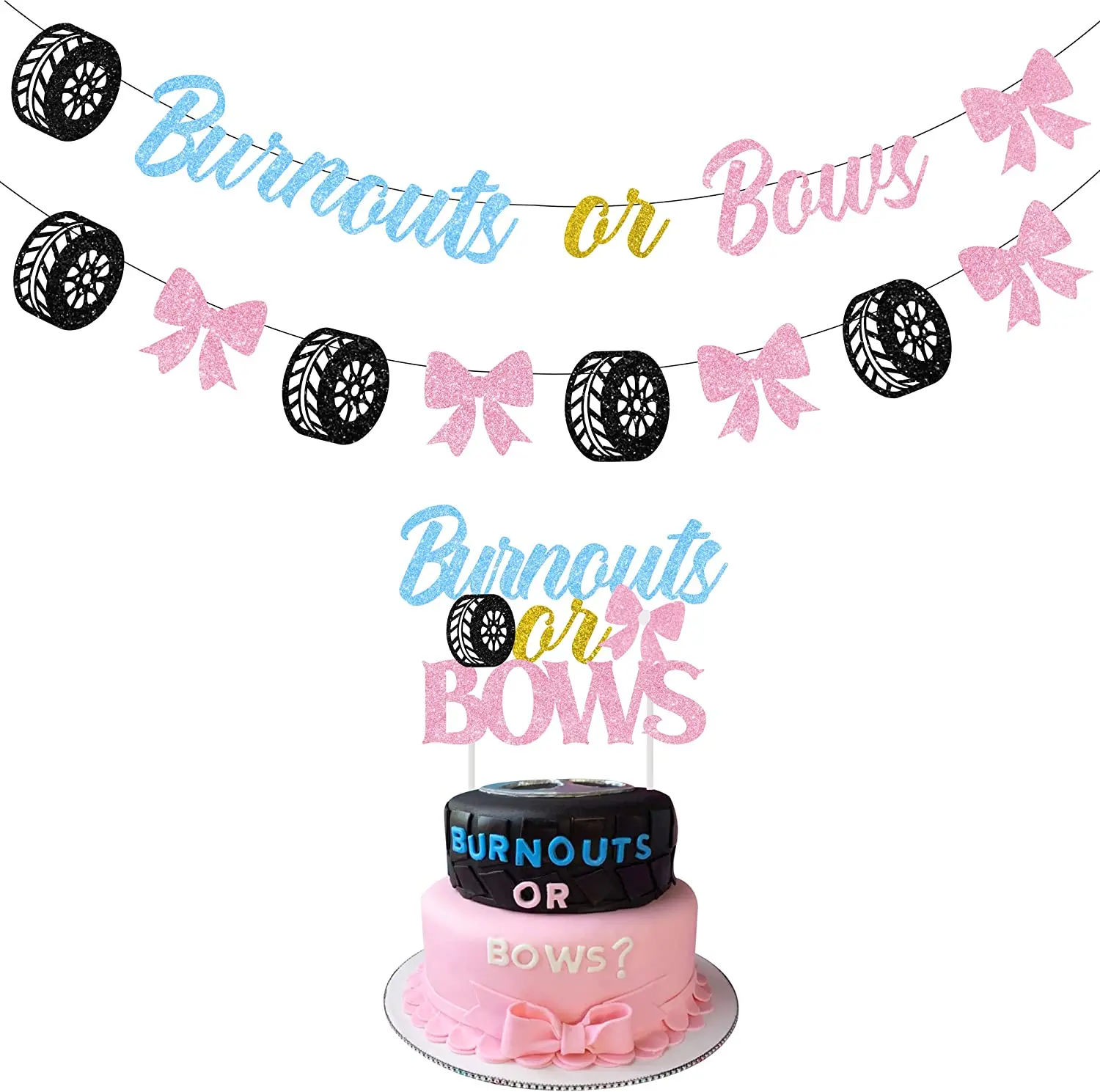 

SURSURPIRSE Burnouts or Bows Gender Reveal Decorations Bunting He or She Banner Cake Topper Baby Shower Pregnancy Announcement