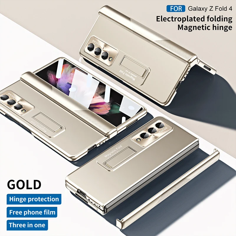 

Plating Magnetic Hinge Protection Case for Samsung Galaxy Z Fold 4 5G with HD Cell Phone Film and Hidden Kickstand Fold4 Funda