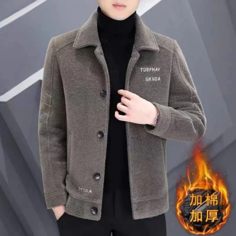 High Quality 2023 Autumn Winter Fashion Solid Color Wool Coat Men's Casual Plus Cotton Thickened Warm Large Size Classic Jacket
