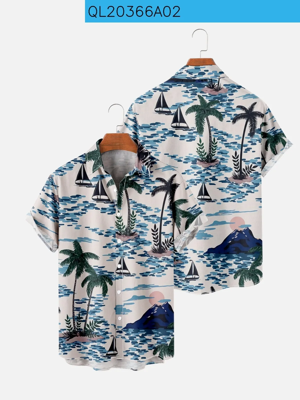 

New Men's Hawaiian Shirts Tress Print Vacation Beach Wear Blue Tops with Pockets Summer Plus Size