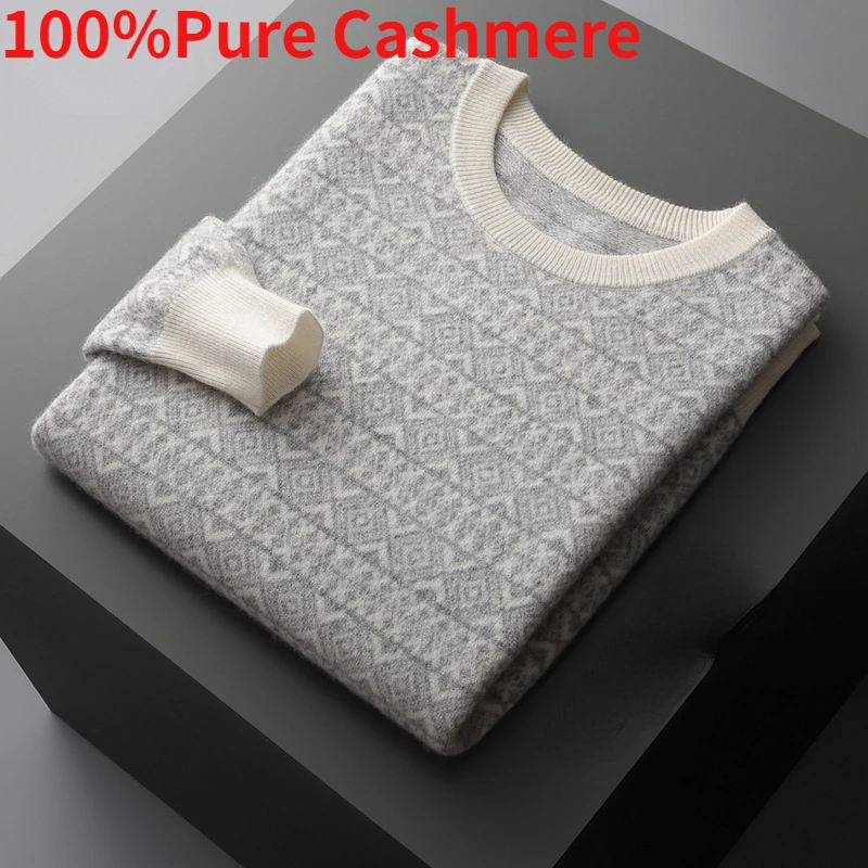 

New Arrival High Quality Autumn Winter Jacquard Thickened Men's Knitting Casual Pullover Sweater 100%Pure Cashmere Size SMLXL2XL