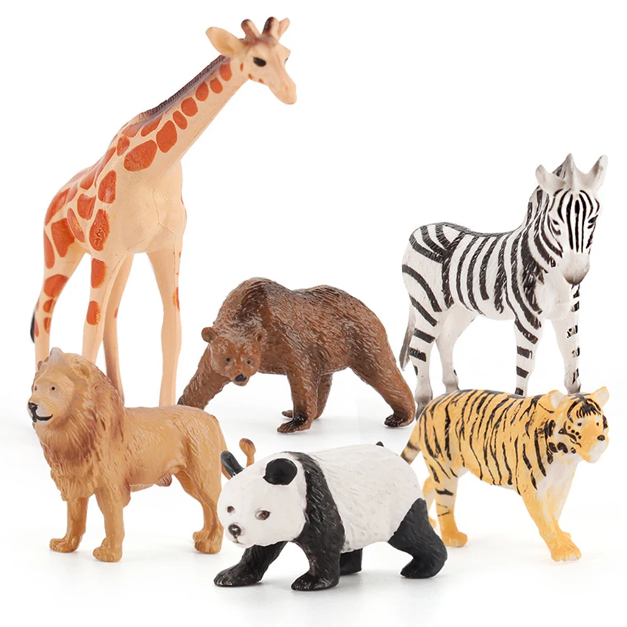 

6PCS Mini Kids Stuff Wild Animal Figures Lion Tiger Zebra Giraffe Panda Brown Bear Animals Model Educational Toys for Kids